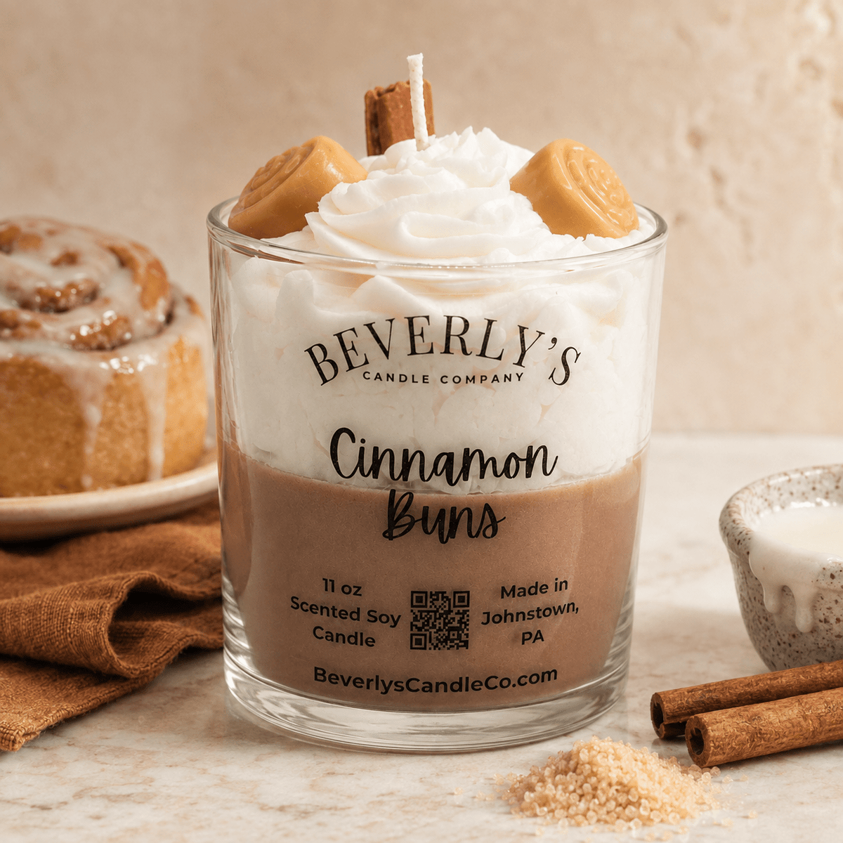Cinnamon Buns Candle Warm Cinnamon, Butter & Cream Cheese Frosting Dessert Candle by Beverly's Candle Company
