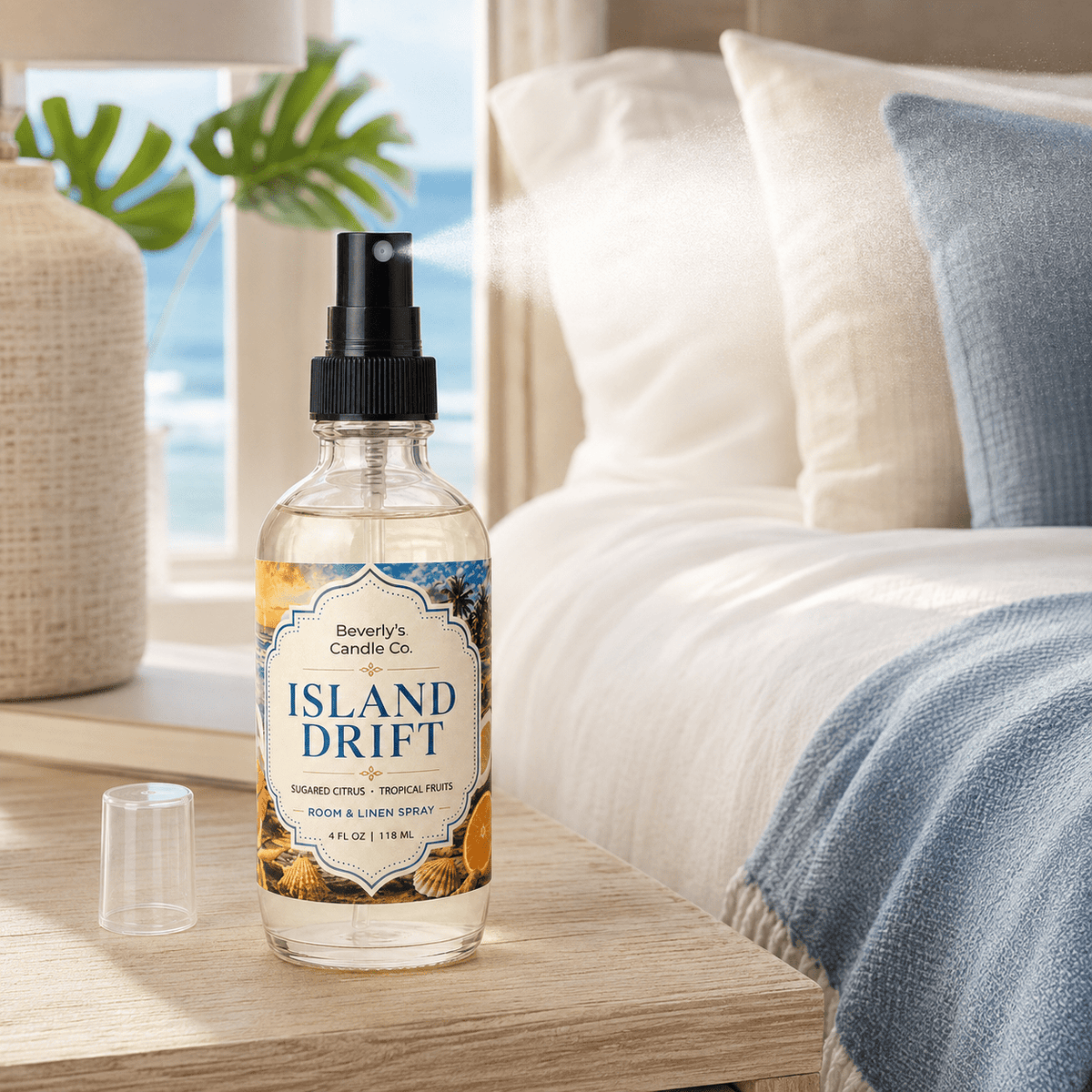 Island Drift Room and Linen Spray Tropical Fruit, Florals & Driftwood Scent | 4oz by Beverly's Candle Company