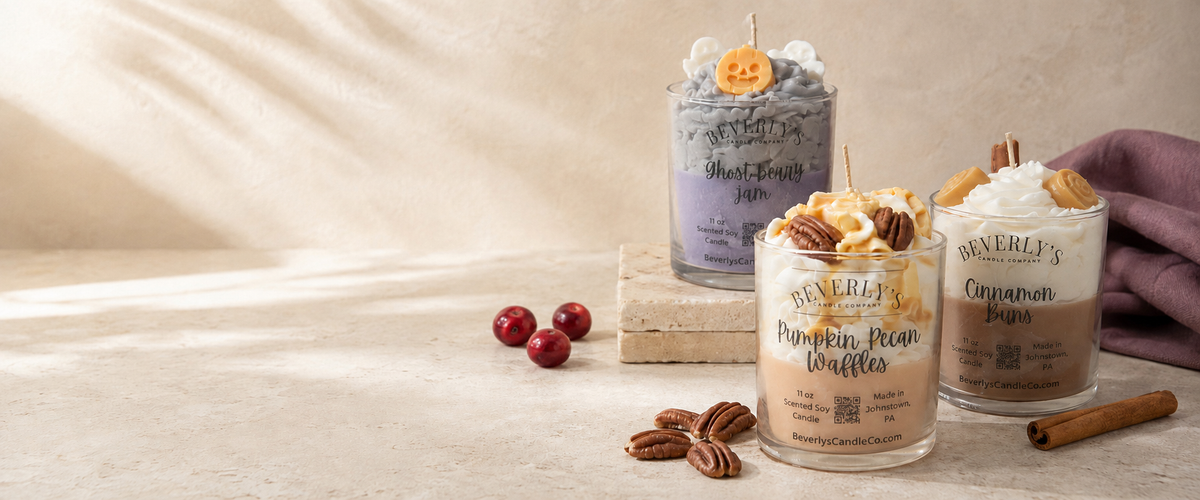 Pumpkin Pecan Waffles, Cinnamon Buns and Ghost Berry Jam dessert candles from Beverly's Candle Company