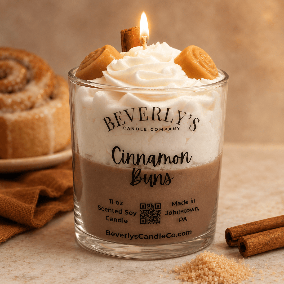 Cinnamon Buns Candle Warm Cinnamon, Butter & Cream Cheese Frosting Dessert Candle by Beverly's Candle Company
