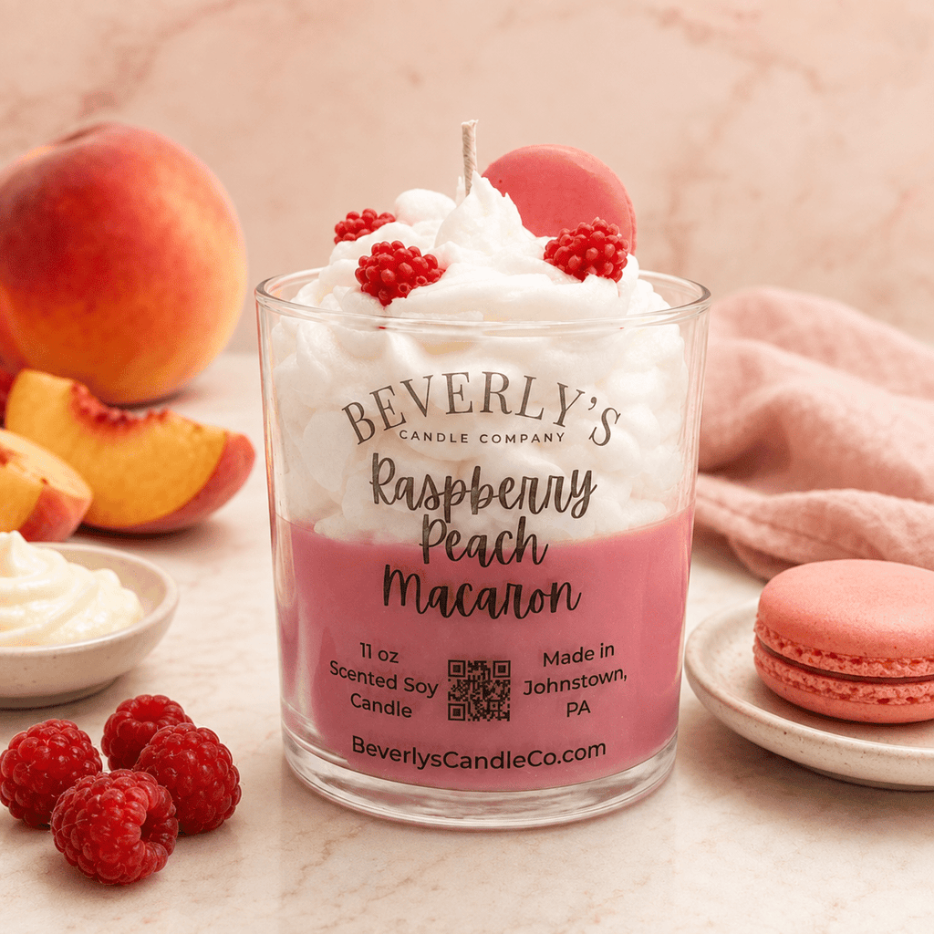 Raspberry Peach Macaron 11 oz Gourmet Dessert Soy Candle by Beverly's Candle Company