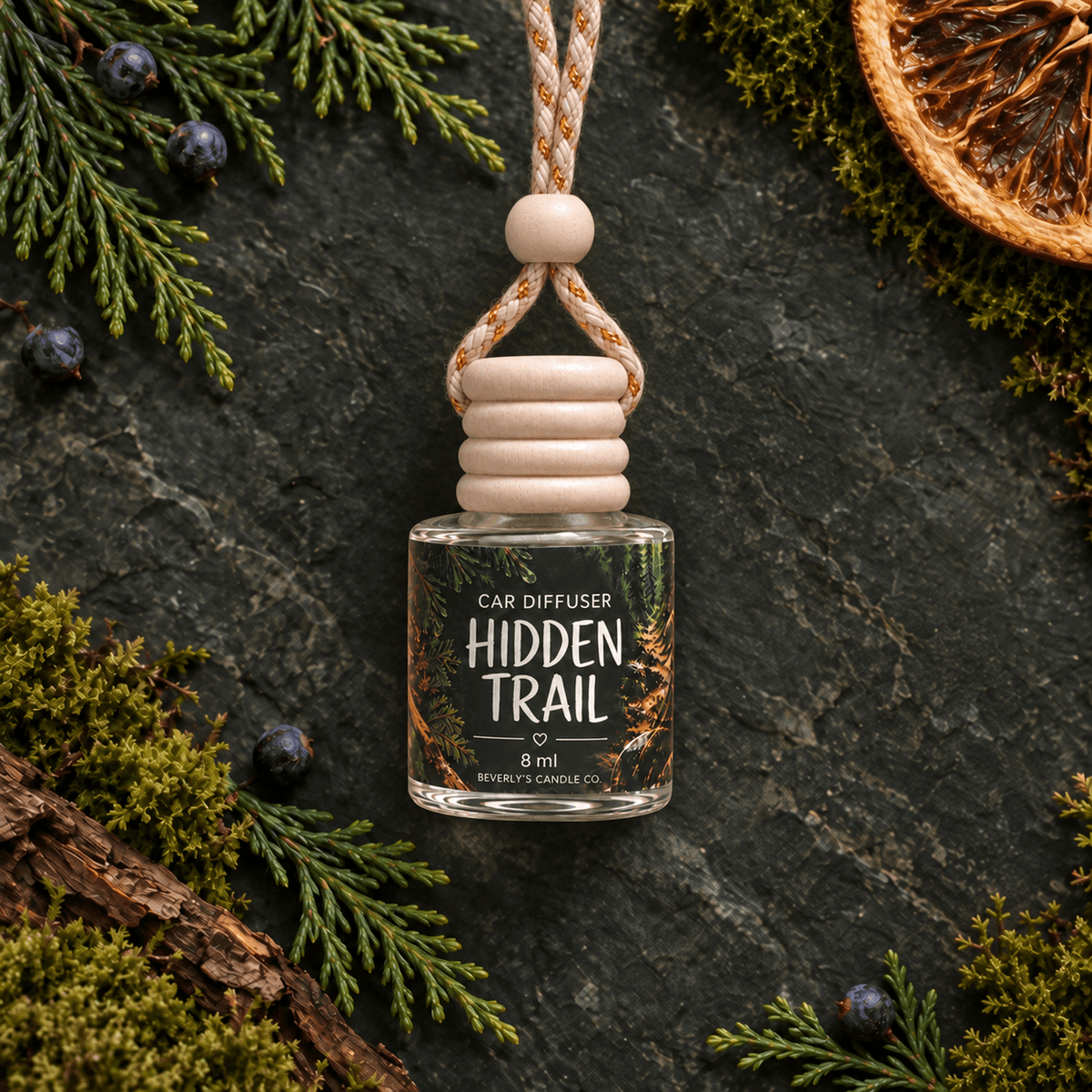 Hidden Trail Car Diffuser | Bergamot, Juniper & Warm Woods | Long Lasting 8ml Winter Forest Aroma by Beverly's Candle Company