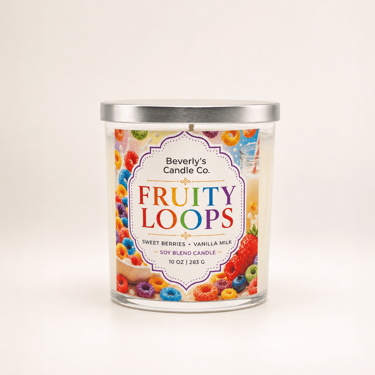 Fruity Loops Candle Sweet Cereal & Vanilla Scent | 10oz by Beverly's Candle Company