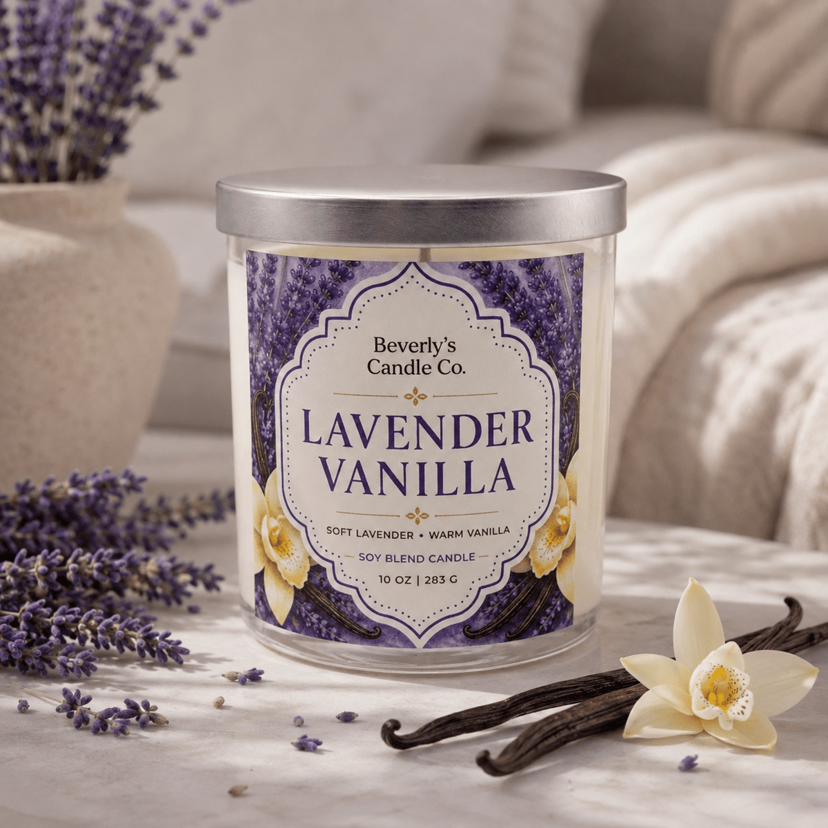 Lavender & Vanilla Candle Calming Floral & Warm Vanilla Scent | 10oz by Beverly's Candle Company