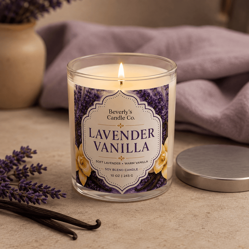 Lavender & Vanilla Candle Calming Floral & Warm Vanilla Scent | 10oz by Beverly's Candle Company