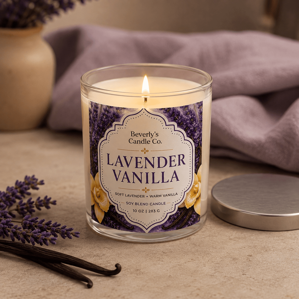 Lavender & Vanilla Candle Calming Floral & Warm Vanilla Scent | 10oz by Beverly's Candle Company